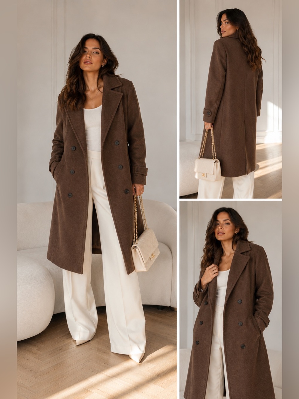 Woman Brown Wool Long Coat - Classic Double-Breasted Overcoat size M